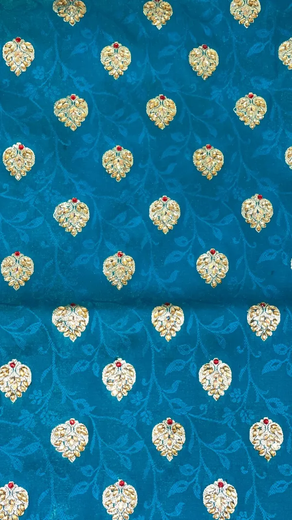 Humairah_Presents_Turqouise_Blue_Stone_Work_Golden_Zari_Booti_Afli_Mina_Jaal_with_Alfi_Boota_Pallu_Zari_Border_and_Blue_Blouse_Banarasi_Saree