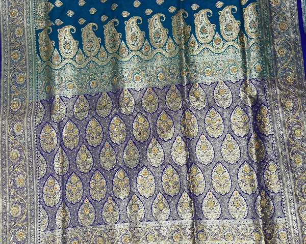 Humairah_Presents_Turqouise_Blue_Stone_Work_Golden_Zari_Booti_Afli_Mina_Jaal_with_Alfi_Boota_Pallu_Zari_Border_and_Blue_Blouse_Banarasi_Saree