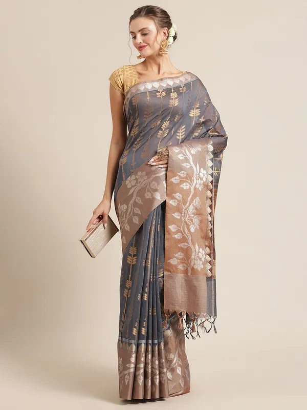 Grey_Masrise_Cotton/Cotton_Banarasi_Sarees_For_Women