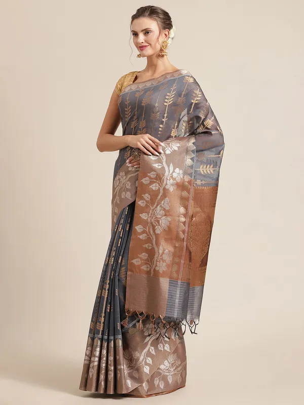 Grey_Masrise_Cotton/Cotton_Banarasi_Sarees_For_Women