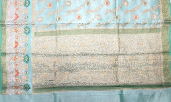 Humairah_Pure_Handloom_Light_Sea_Green_Dupion_Silk_Floral_Mina_Jaal_with_Contrast_Red_Silver_Mina_Golden_Skirt_Border_and_Light_Sea_Green_Blouse