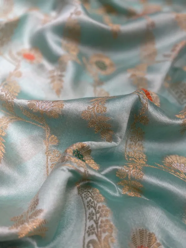 Humairah_Pure_Handloom_Light_Sea_Green_Dupion_Silk_Floral_Mina_Jaal_with_Contrast_Red_Silver_Mina_Golden_Skirt_Border_and_Light_Sea_Green_Blouse