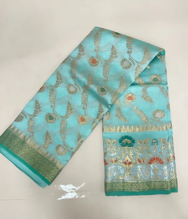 Humairah_Pure_Handloom_Light_Sea_Green_Dupion_Silk_Floral_Mina_Jaal_with_Contrast_Red_Silver_Mina_Golden_Skirt_Border_and_Light_Sea_Green_Blouse