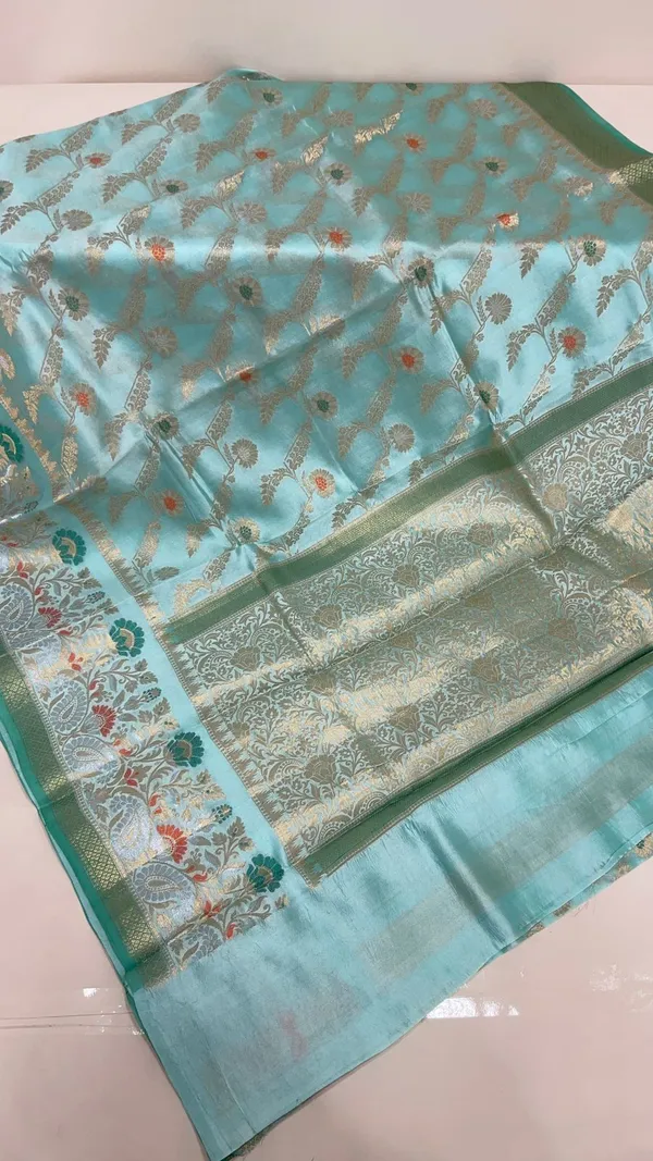 Humairah_Pure_Handloom_Light_Sea_Green_Dupion_Silk_Floral_Mina_Jaal_with_Contrast_Red_Silver_Mina_Golden_Skirt_Border_and_Light_Sea_Green_Blouse