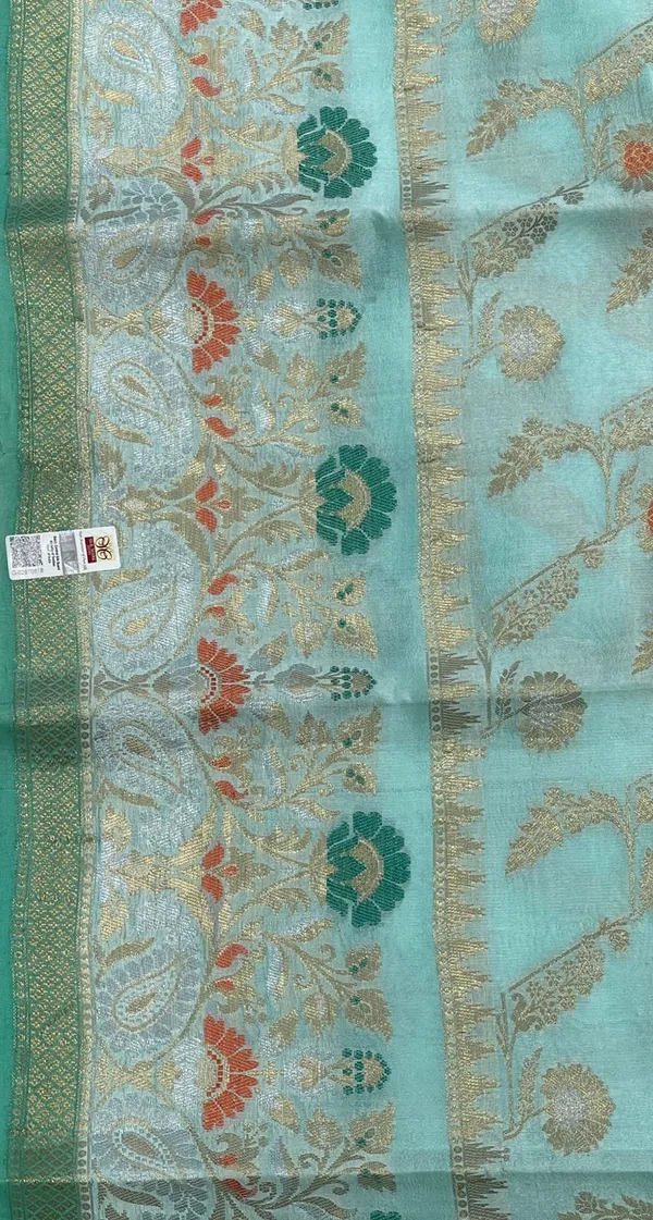 Humairah_Pure_Handloom_Light_Sea_Green_Dupion_Silk_Floral_Mina_Jaal_with_Contrast_Red_Silver_Mina_Golden_Skirt_Border_and_Light_Sea_Green_Blouse
