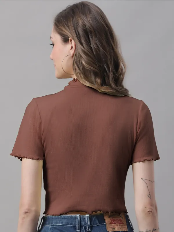 Brown_Cotton_Rib_Turtle_Neck_Short_Sleeve_Crop_Top_For_Women