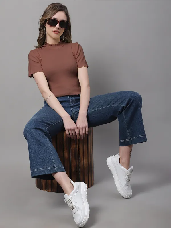 Brown_Cotton_Rib_Turtle_Neck_Short_Sleeve_Crop_Top_For_Women