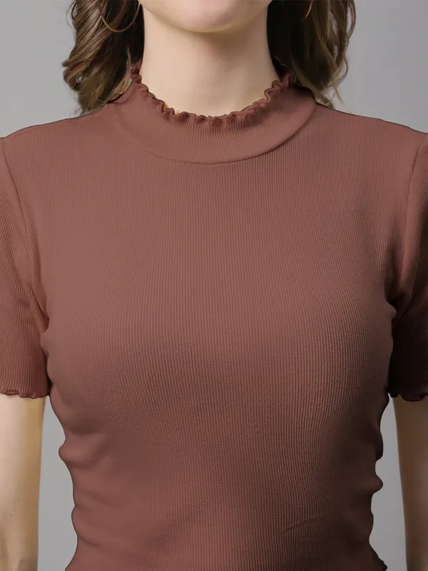 Brown_Cotton_Rib_Turtle_Neck_Short_Sleeve_Crop_Top_For_Women