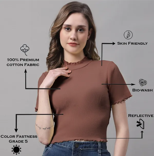 Brown_Cotton_Rib_Turtle_Neck_Short_Sleeve_Crop_Top_For_Women
