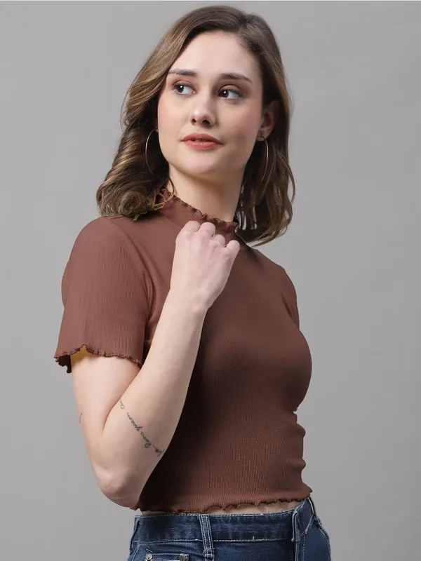 Brown_Cotton_Rib_Turtle_Neck_Short_Sleeve_Crop_Top_For_Women