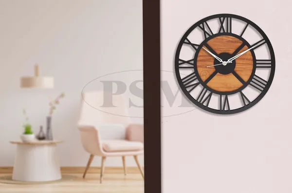 LASER_CUT_WOODEN_WALL_CLOCK_IVORY_BLACK_15_INCH_ROUND_PSM_1117