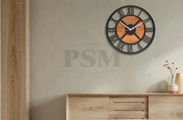 LASER_CUT_WOODEN_WALL_CLOCK_IVORY_BLACK_15_INCH_ROUND_PSM_1117