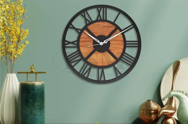 LASER_CUT_WOODEN_WALL_CLOCK_IVORY_BLACK_15_INCH_ROUND_PSM_1117