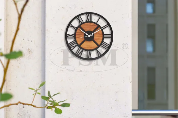 LASER_CUT_WOODEN_WALL_CLOCK_IVORY_BLACK_15_INCH_ROUND_PSM_1117
