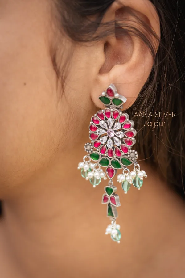 925_Pure_Sterling_Silver_|_Flower_Kundan_Earrings_|_Well_Stamped_&_Hallmarked