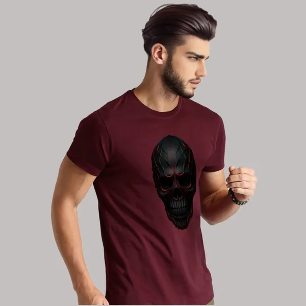 Maroon_Skull_Printed_Half_Sleeve_Cotton_T-Shirt_For_Men