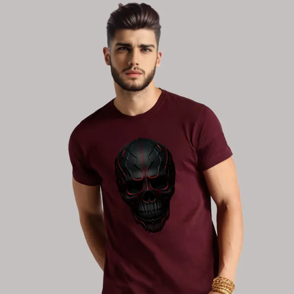 Maroon_Skull_Printed_Half_Sleeve_Cotton_T-Shirt_For_Men