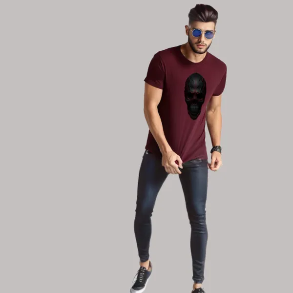 Maroon_Skull_Printed_Half_Sleeve_Cotton_T-Shirt_For_Men