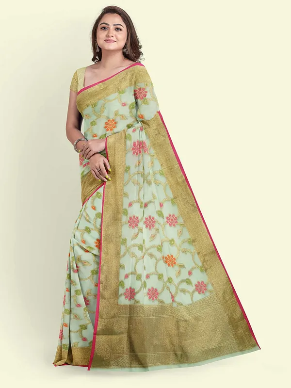 Green_Cotton_Blend_Banarasi_Sarees_For_Women