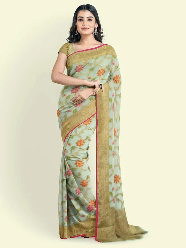 Green_Cotton_Blend_Banarasi_Sarees_For_Women