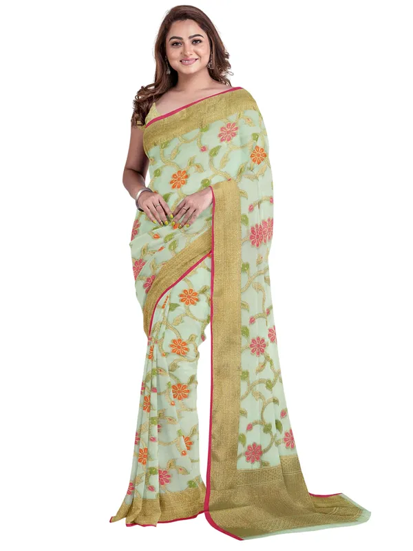 Green_Cotton_Blend_Banarasi_Sarees_For_Women