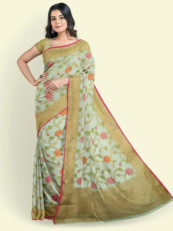 Green_Cotton_Blend_Banarasi_Sarees_For_Women