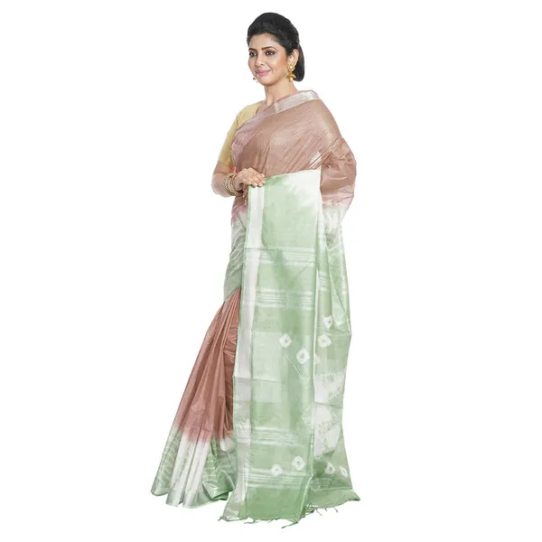 Chamoisee_Brown_&_Olivine_Green_women's_Bhagalpuri_Handloom_Cotton_Linen_Slub_Blend_Tie_Two_Dye_(Sibory_Two_Dye)_Saree_With_Running_Unstitched_Blouse_Piece