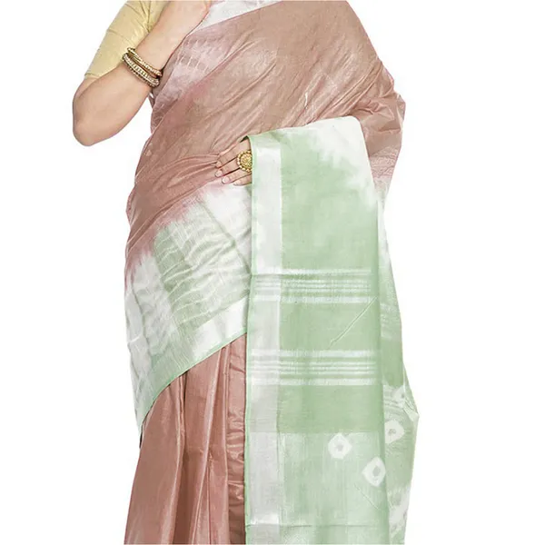 Chamoisee_Brown_&_Olivine_Green_women's_Bhagalpuri_Handloom_Cotton_Linen_Slub_Blend_Tie_Two_Dye_(Sibory_Two_Dye)_Saree_With_Running_Unstitched_Blouse_Piece