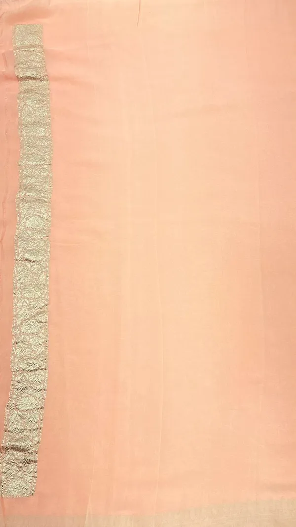 Humairah_Pure_Handwoven_Peach_Plain_Khaddi_Georgette_Silver_Zari_Kadhwa_Border_and_Anchal_with_Peach_Blouse_Banarasi_Saree