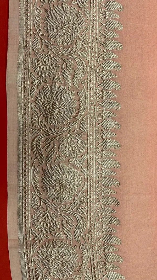 Humairah_Pure_Handwoven_Peach_Plain_Khaddi_Georgette_Silver_Zari_Kadhwa_Border_and_Anchal_with_Peach_Blouse_Banarasi_Saree