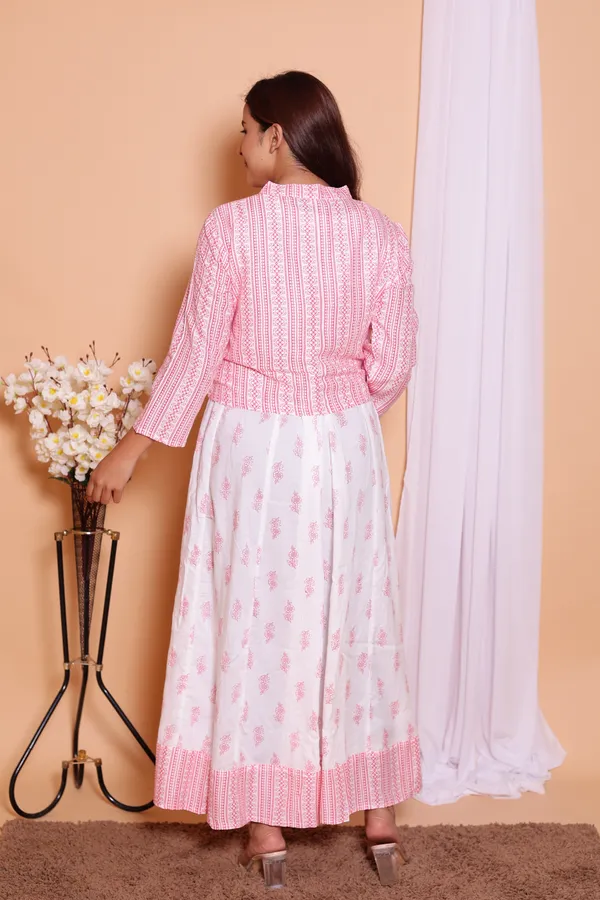 White_and_Pink_Printed_Cotton_Anarkali_Plus_Size_Kurta/Gown__With_Jacket