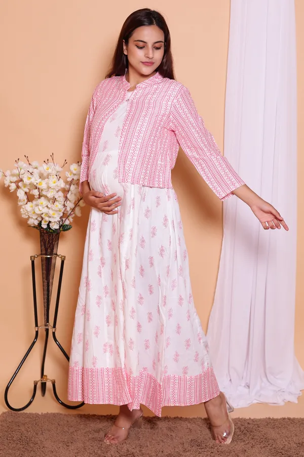 White_and_Pink_Printed_Cotton_Anarkali_Plus_Size_Kurta/Gown__With_Jacket