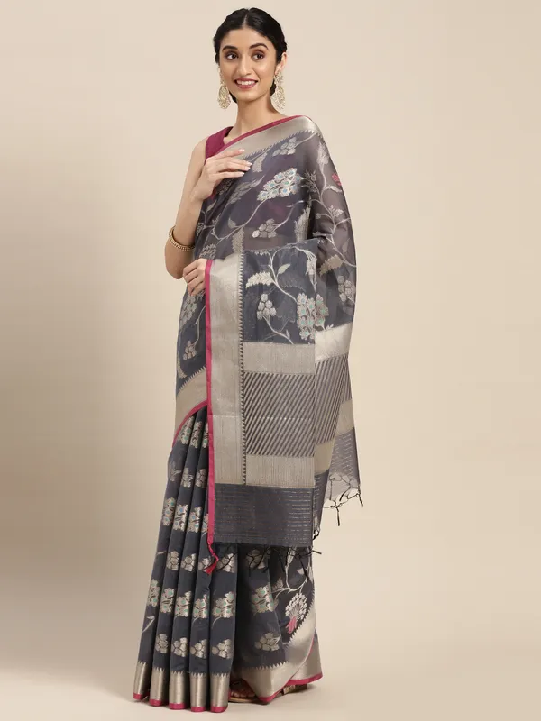 Grey_Masrise_Cotton/Cotton_Banarasi_Sarees_For_Women