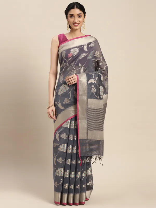 Grey_Masrise_Cotton/Cotton_Banarasi_Sarees_For_Women