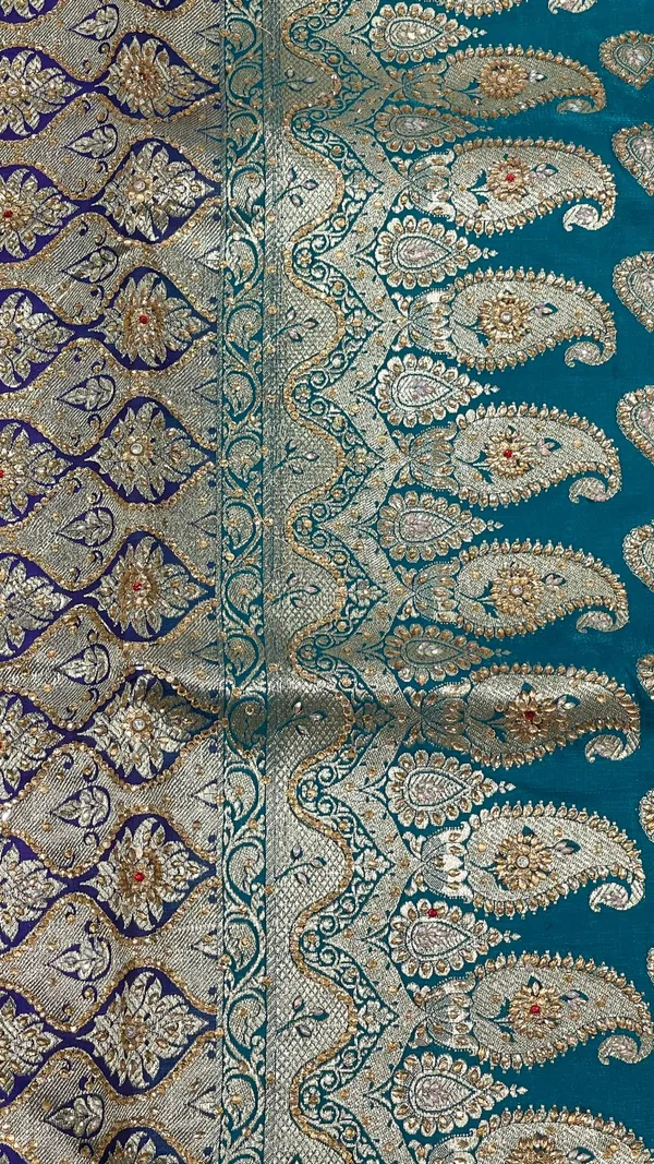 Humairah_Presents_Green_Stone_Work_Golden_Zari_Boota_with_Contrast_Blue_Pallu_Zari_Border_and_Blue_Blouse_Banarasi_Saree