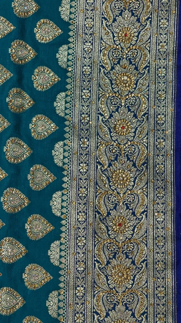 Humairah_Presents_Green_Stone_Work_Golden_Zari_Boota_with_Contrast_Blue_Pallu_Zari_Border_and_Blue_Blouse_Banarasi_Saree
