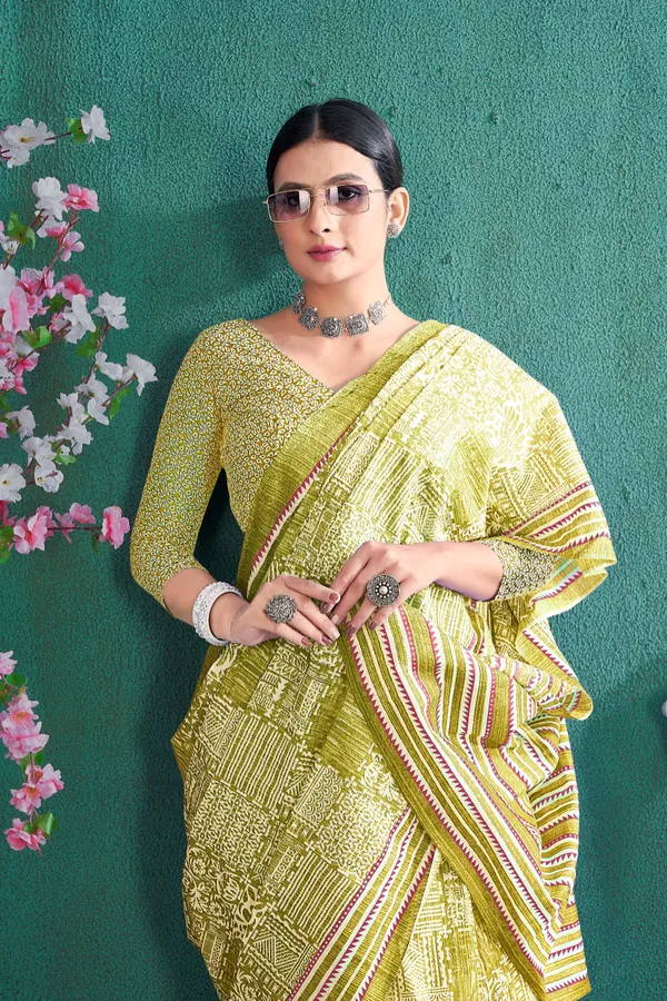 Ikkat_Print_Pure_Soft_Cotton_saree_With_Blouse_Piece