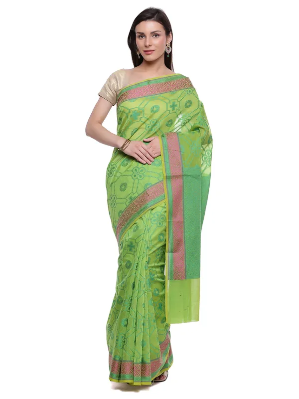 Green_Cotton_Blend_Banarasi_Sarees_For_Women
