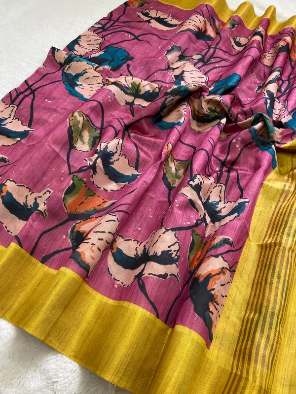Saraswati_Pink_–_Divine_Wisdom_Navratri_Special_|_Soft_Tussar_Silk_Saree_with_Print,_Border_&_Contrast_Print_Blouse_with_Tassels