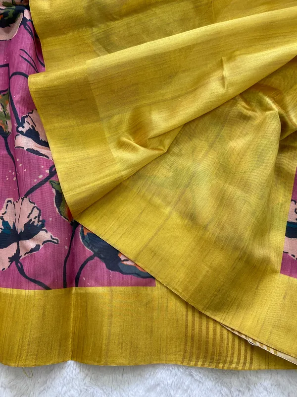 Saraswati_Pink_–_Divine_Wisdom_Navratri_Special_|_Soft_Tussar_Silk_Saree_with_Print,_Border_&_Contrast_Print_Blouse_with_Tassels