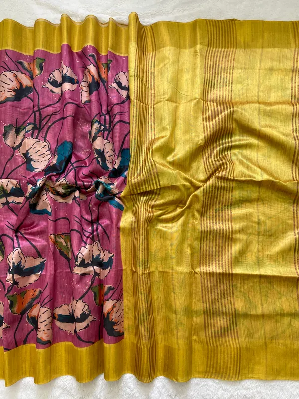 Saraswati_Pink_–_Divine_Wisdom_Navratri_Special_|_Soft_Tussar_Silk_Saree_with_Print,_Border_&_Contrast_Print_Blouse_with_Tassels