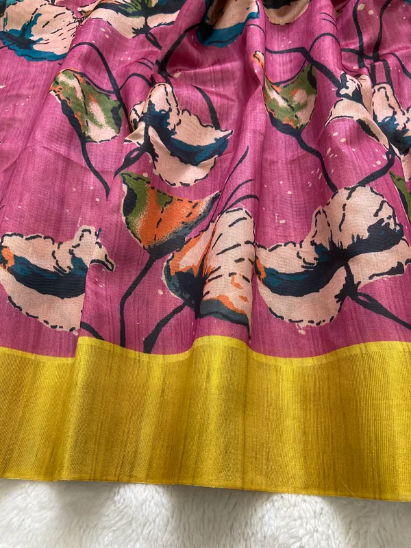 Saraswati_Pink_–_Divine_Wisdom_Navratri_Special_|_Soft_Tussar_Silk_Saree_with_Print,_Border_&_Contrast_Print_Blouse_with_Tassels