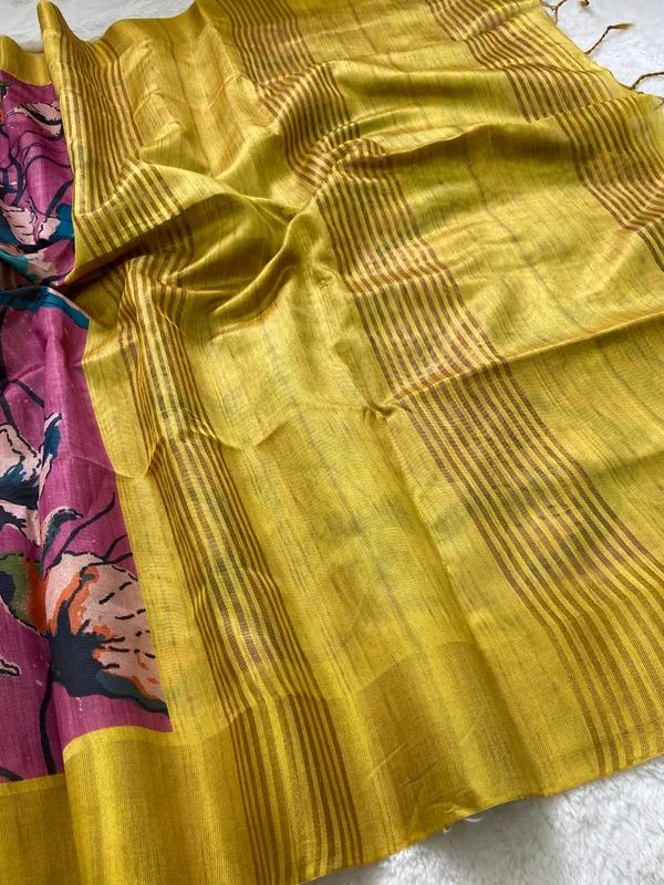 Saraswati_Pink_–_Divine_Wisdom_Navratri_Special_|_Soft_Tussar_Silk_Saree_with_Print,_Border_&_Contrast_Print_Blouse_with_Tassels
