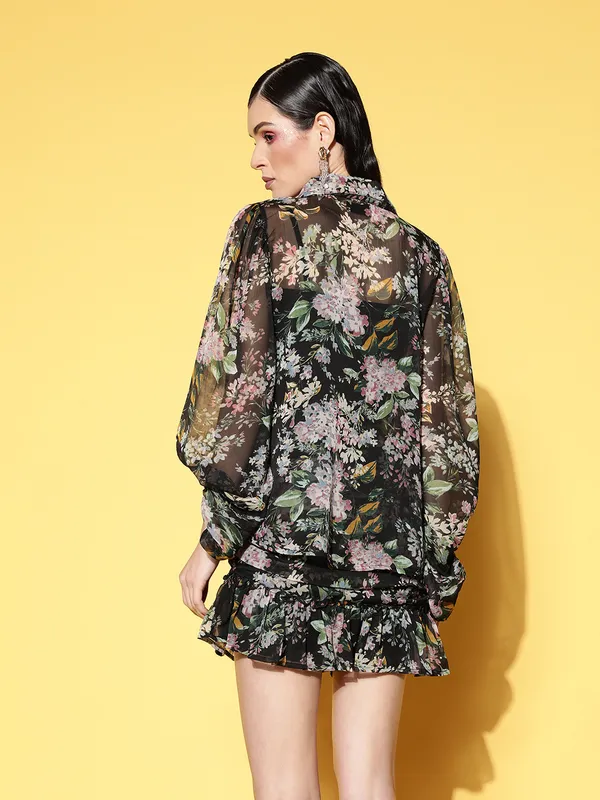 Black_Polyester_Floral_Print_Casual_Gathered_Skirt_For_Women