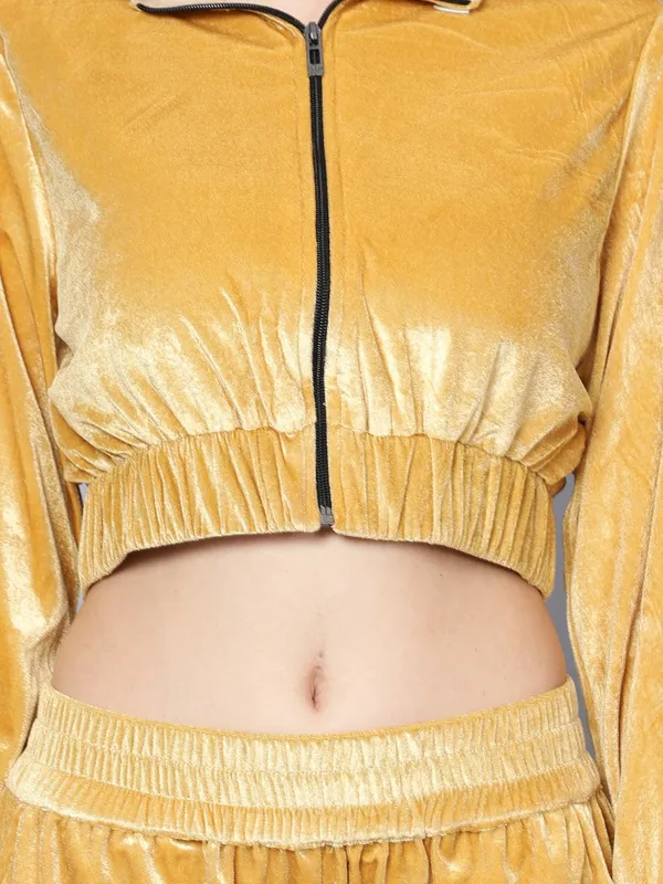 Gold-Toned_Shirt_Collar_Velvet_Crop_Jacket_With_Trousers_Co-ords_Set