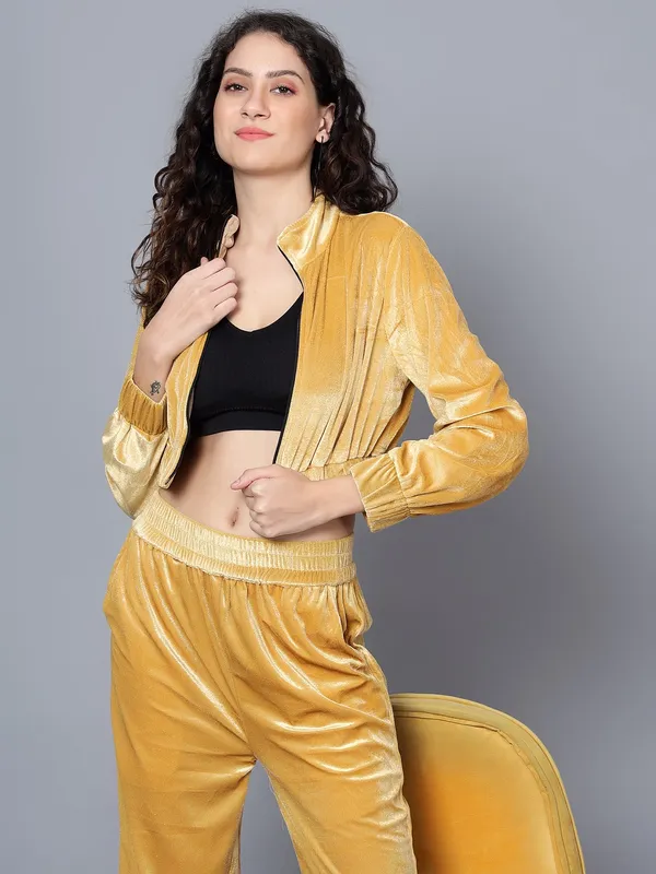 Gold-Toned_Shirt_Collar_Velvet_Crop_Jacket_With_Trousers_Co-ords_Set