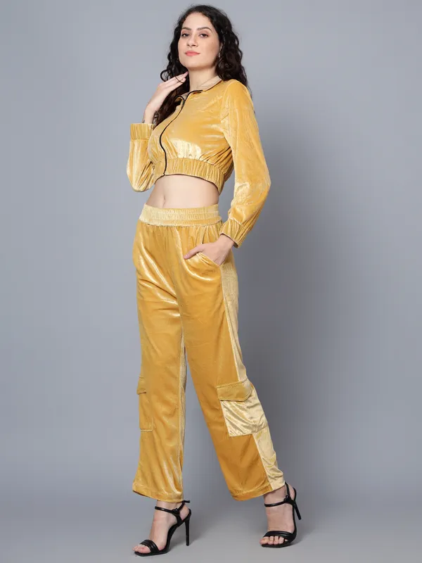 Gold-Toned_Shirt_Collar_Velvet_Crop_Jacket_With_Trousers_Co-ords_Set