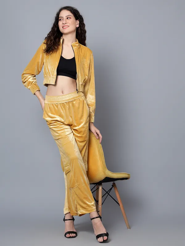 Gold-Toned_Shirt_Collar_Velvet_Crop_Jacket_With_Trousers_Co-ords_Set