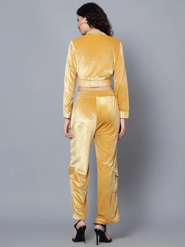Gold-Toned_Shirt_Collar_Velvet_Crop_Jacket_With_Trousers_Co-ords_Set