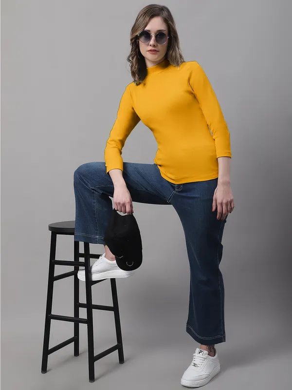 Gold_Cotton_Rib_Turtle_Neck_Long_Sleeve_Top_For_Women